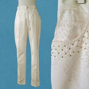 NWT Vintage CACHE Damask Jacquard Tapered Pants 14 Cream Gold Studded USA Made